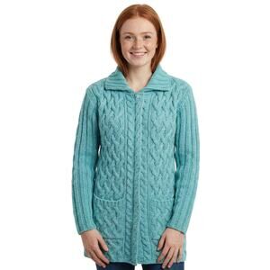 Aran Crafts Ireland Merino Wool Zip Sweater Aqua Pockets Snap Collar M NWOT